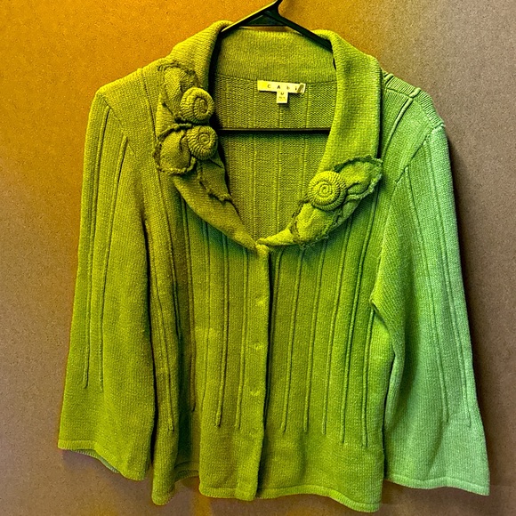 CAbi Sweaters - CAbi Green Knit Cardigan Sweater Floral Collar Accent Size M 100% Cotton